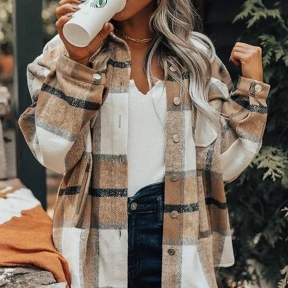 Khaki Tan Plaid Stripe Oversized Flannel Shirt Shacket - Picture 5 of 8